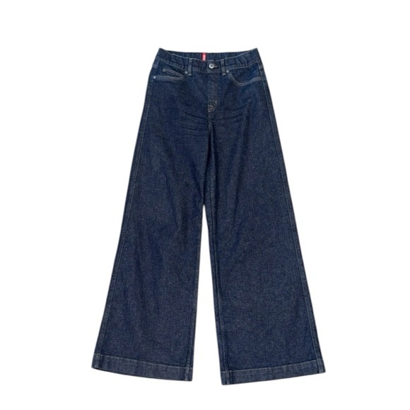 SPANX EveryWear Raw‎ Indigo Dark Blue Wide Leg Pull On Jeans Medium - Picture 3 of 10